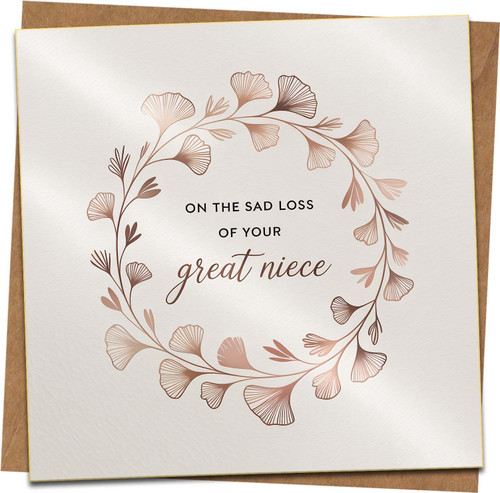 Sympathy Card – On the Sad Loss of Your Great Niece, Floral Wreath Design, Square Greeting Card 145mm x 145mm with Kraft Envelope, Condolence Card