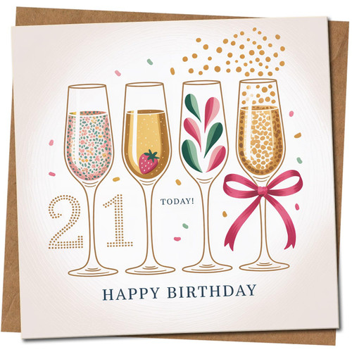 21st Birthday Card - Champagne Glasses & Confetti Design - 145mm x 145mm Square - '21 Today' Happy Birthday -, Includes Kraft Envelope
