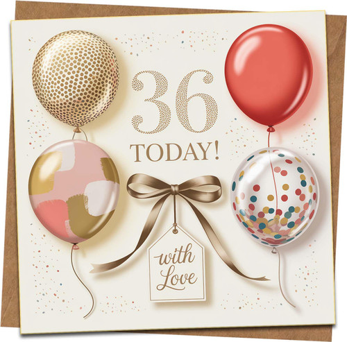 36th Birthday Card – Balloons and “With Love” Tag Design, 145mm x 145mm Square, Includes Kraft Envelope, Unisex Celebration Greeting Card