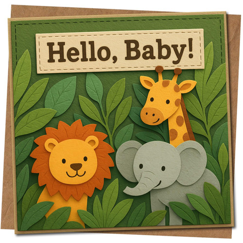 Hello, Baby! New Baby Card - Cute Jungle Animals Lion, Elephant & Giraffe - 145mm x 145mm Square Greeting Card, Includes Kraft Envelope