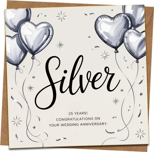 Silver 25th Wedding Anniversary Card - Heart Balloons Design - 145mm x 145mm with Kraft Envelope - Elegant Congratulations Greeting Card for Couple, Husband or Wife