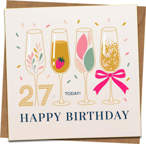 27th Birthday Card for Her – Happy Birthday Champagne Prosecco Glasses Design – 145mm x 145mm Square Greeting Card with Kraft Envelope – For Daughter Sister Friend Women
