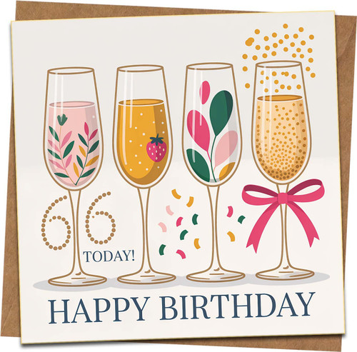 66th Birthday Card – Champagne Glasses Design – 145mm x 145mm – With Kraft Envelope – Happy Birthday Greeting Card