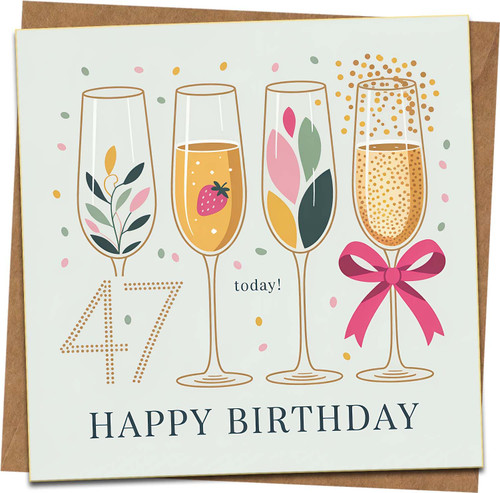 47th Birthday Card – Champagne Glasses Design, Square 145mm x 145mm, Happy Birthday Greeting for Her or Him, Includes Kraft Envelope