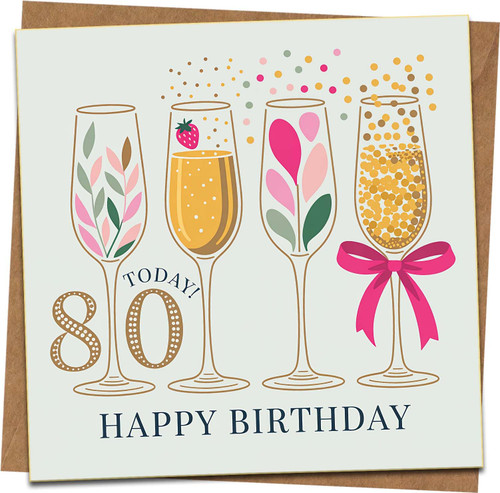 80th Birthday Card – Champagne Glasses Celebration Design – 145mm x 145mm Square Greeting Card with Kraft Envelope – For Women or Men