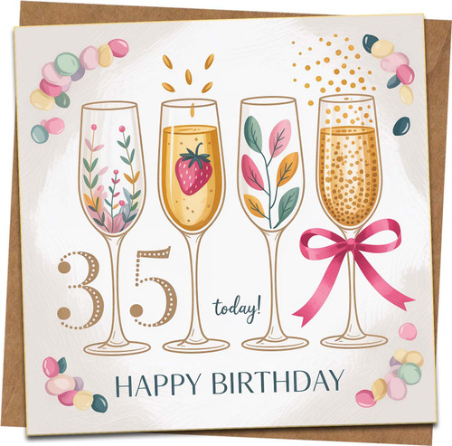 35th Birthday Card for Women - Champagne Glasses Design with Pink Ribbon & Confetti - Square 145mm x 145mm - Happy Birthday Greeting Card with Kraft Envelope