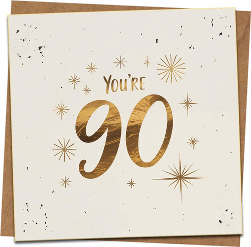 90th Birthday Card – You’re 90 – Luxury Gold Design, Square 145mm x 145mm, Blank Inside, Includes Kraft Envelope – Milestone Greeting Card for Men or Women, Mum Dad Grandma Grandad Friends