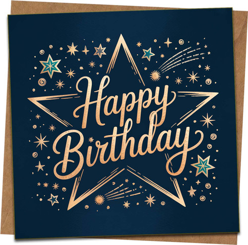 Happy Birthday Card 145mm x 145mm – Navy Blue Star Design with Gold Print – Blank Inside – Premium Greeting Card with Kraft Envelope for Him Her Adults Teens