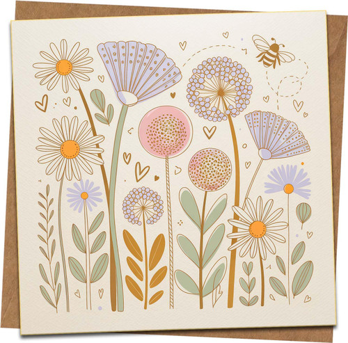 Floral Meadow & Bee Blank Greeting Card, 145mm x 145mm Square Birthday Thank You Note, Cute Botanical Design with Hearts, Premium Textured Card with Kraft Envelope