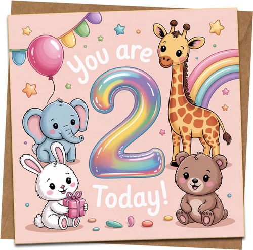 2nd Birthday Card for Girls Boys, Cute Animal Rainbow Design, You Are 2 Today, 145mm x 145mm Square Greeting Card with Kraft Envelope