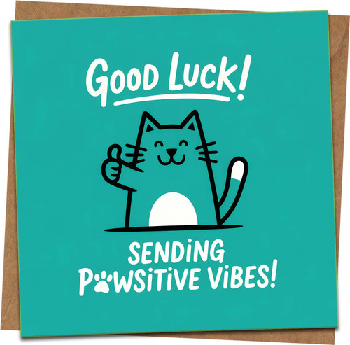 Good Luck Card - Sending Pawsitive Vibes Cat, Funny Cute Square Greeting Card, Teal, Blank Inside, 145mm x 145mm with Kraft Envelope