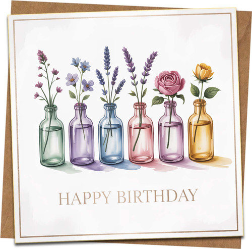 Happy Birthday Card – Floral Bottles Design, 145mm x 145mm Square Greeting Card with Kraft Envelope – Elegant Flower Vases Illustration for Her, Mom, Friend, Women