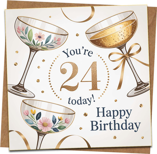 24th Birthday Card - You're 24 Today - Champagne Coupe Design, Happy Birthday Card for Him or Her, 145mm x 145mm Square, Includes Kraft Envelope