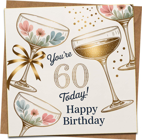 60th Birthday Card for Women or Men, Champagne Glass Floral Design, Square 145mm x 145mm, You're 60 Today Happy Birthday Greeting, Premium Quality with Kraft Envelope
