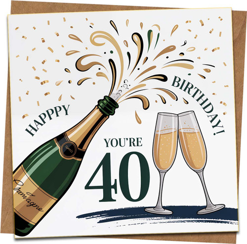 40th Birthday Card – Champagne Bottle & Glasses Design, Happy Birthday You’re 40 – 145mm x 145mm Square Greeting Card with Kraft Envelope – For Him or Her, Milestone Celebration