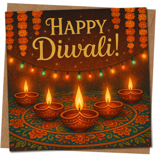 Happy Diwali Card - Festive Diyas, Rangoli & Lights - 145mm x 145mm Square - Greeting Card for Diwali Celebrations, Includes Kraft Envelope