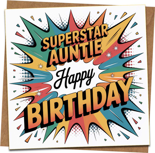 Superstar Auntie Birthday Card – Pop Art Comic Design – 145mm x 145mm Greeting Card with Kraft Envelope – Happy Birthday Auntie, Fun Colourful Design
