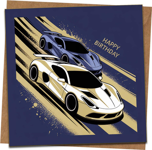 Happy Birthday Card – Racing Supercars Design, 145mm x 145mm Square Greeting Card with Kraft Envelope for Him, Boys, Men, Son, Grandson, Husband, Friend