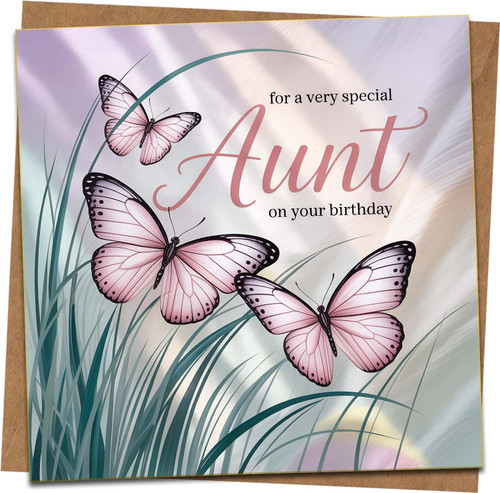 Aunt Birthday Card 145mm x 145mm with Kraft Envelope – For a Very Special Aunt, Butterflies Design, Pastel Grass Scene, Blank Inside