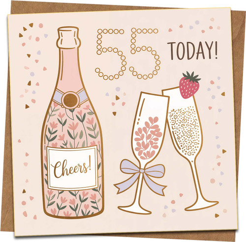 55th Birthday Card for Women, Champagne Bottle and Glasses Design, 145mm x 145mm, Confetti Celebration, Includes Kraft Envelope, Milestone 55 Today Greeting, Cute Floral Pink