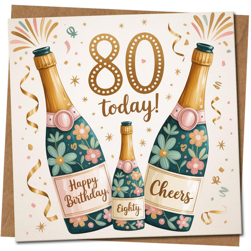 80th Birthday Card - Champagne Bottles and Confetti - 145mm x 145mm Square - Elegant Celebration - Happy 80 Today -, Includes Kraft Envelope