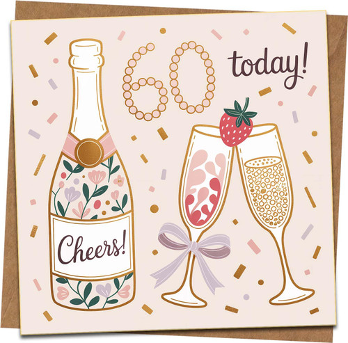 60th Birthday Card for Women or Men – Cheers Champagne and Confetti Design – 145 x 145 mm Square Greeting Card with Kraft Envelope – Milestone Sixty Today Celebration