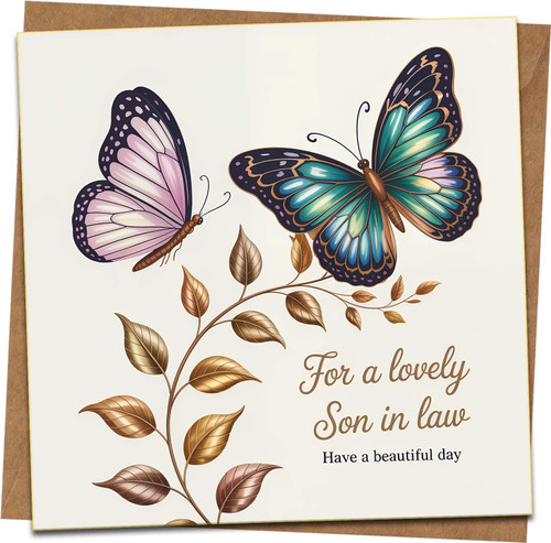 Son-in-Law Birthday Card with Butterflies, 145 x 145 mm Square Greeting Card, For a Lovely Son-in-Law Message, Includes Kraft Envelope, Elegant Floral Design