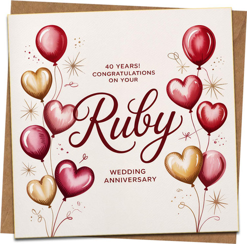 Ruby 40th Wedding Anniversary Card – Congratulations Heart Balloons Design, 145mm x 145mm, Quality Greeting Card with Kraft Envelope