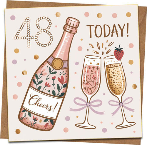 48th Birthday Card for Her - Champagne Cheers Floral Design - 145mm Square Greeting Card with Kraft Envelope - 48 Today Celebration
