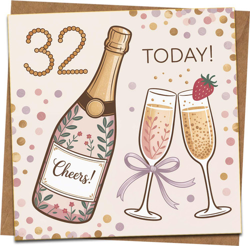 32nd Birthday Card - Cheers Champagne Bottle & Flutes, Confetti Design - 145mm x 145mm Square Greeting Card with Kraft Envelope for Him or Her, Fun Celebration