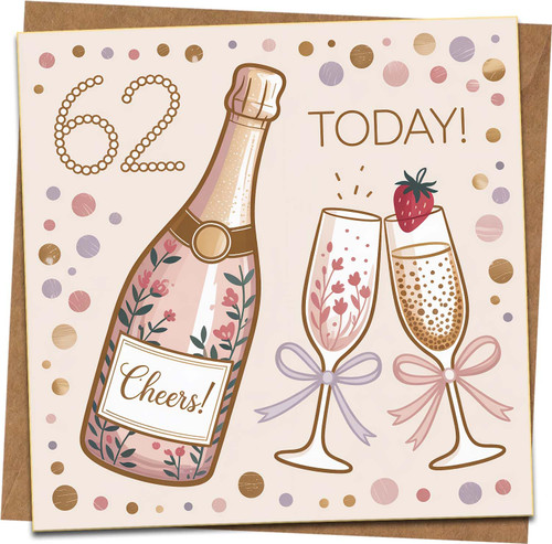 62nd Birthday Card for Women or Men – Champagne Bottle & Glasses Design – 145mm Square Greeting Card with Kraft Envelope – Cheers Celebration, Milestone Age 62 Today