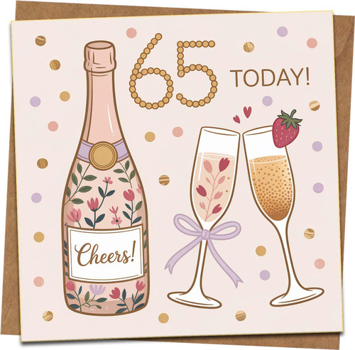 65th Birthday Card for Women – Champagne & Confetti Design, Square 145mm x 145mm – Cute Celebration Greeting with Kraft Envelope