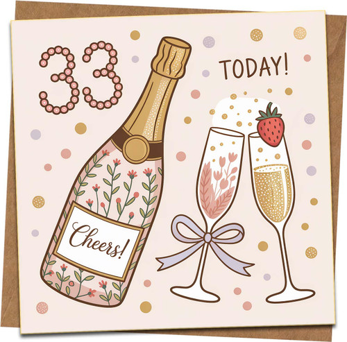 33rd Birthday Card for Her – Champagne Bottle & Glasses Design, Cheers & Confetti – 145mm x 145mm Square Greeting Card with Kraft Envelope