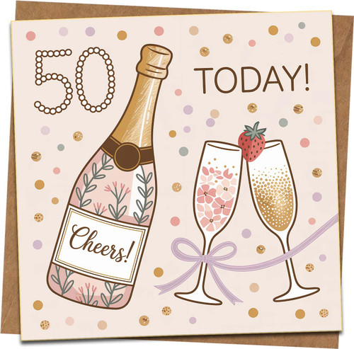 50th Birthday Card for Her – Champagne Bottle & Glasses Design – 145mm x 145mm Square Greeting Card with Kraft Envelope – Blank Inside – Women, Mum, Wife, Friend