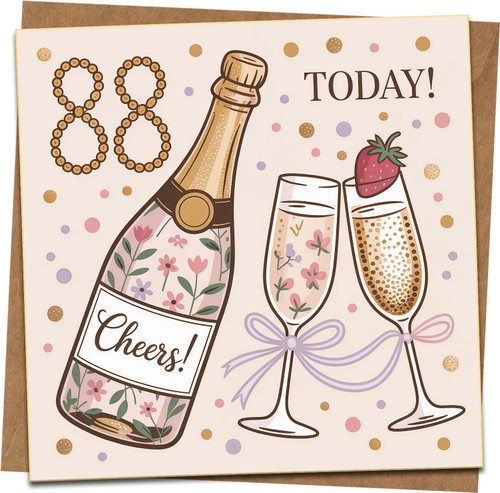 88th Birthday Greeting Card, Champagne Bottle & Glasses Celebration Design, Square 145mm x 145mm, Cheers Today Confetti, Includes Kraft Envelope, For Him Her Mum Dad Grandma Grandad