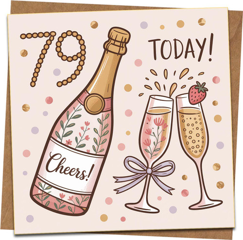 79th Birthday Card for Women Men – Champagne & Bubbles Celebration, Square 145mm x 145mm, Includes Kraft Envelope, Cute Floral Cheers Illustration, Classy Milestone Greeting Card