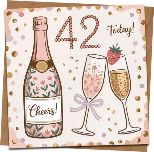 42nd Birthday Card for Her | Cheers Champagne Bottle & Glasses Design | 145mm x 145mm Square Greeting Card with Kraft Envelope