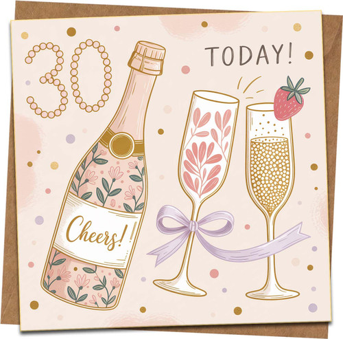 30th Birthday Card for Her – Cheers Champagne & Flutes Design, 145mm x 145mm Square Greeting Card with Kraft Envelope – Milestone Celebration