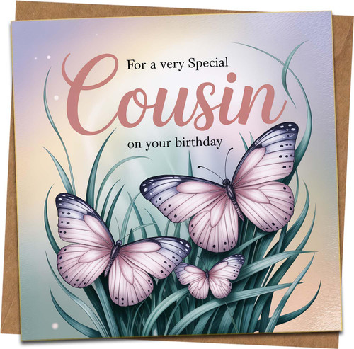 Cousin Birthday Card – Special Cousin Butterfly Design, 145mm x 145mm, Includes Kraft Envelope – For a Very Special Cousin on Your Birthday
