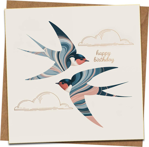 Happy Birthday Card 145mm x 145mm Square – Swallows Design, Blank Inside – Premium Greeting Card with Kraft Envelope for Him Her Friend