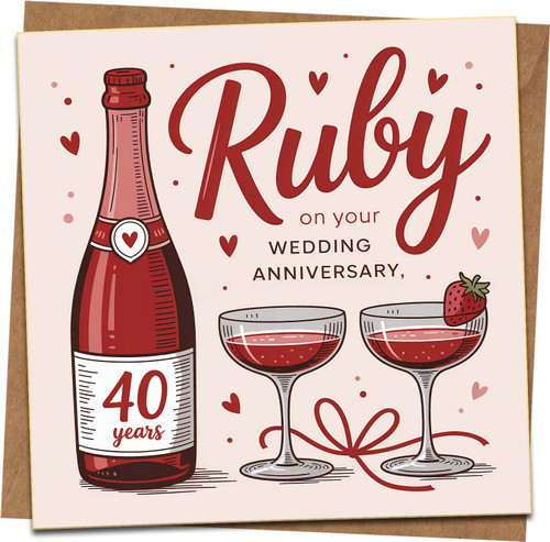 Ruby 40th Wedding Anniversary Card, 145mm x 145mm Square, Champagne & Hearts Design, With Kraft Envelope, For Husband Wife Couple