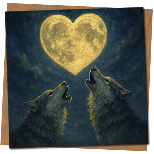 Heart Moon Wolves Romantic Greeting Card, Two Wolves Howling Under a Heart-Shaped Moon, 145mm x 145mm Square, Love & Anniversary Card for Partner, Includes Kraft Envelope