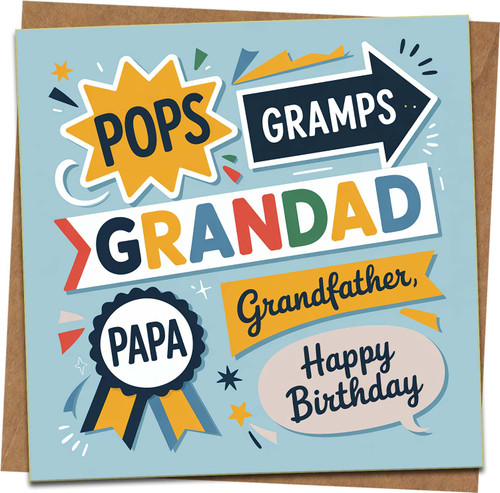 Grandad Birthday Card for Grandfather Pops Gramps Papa, 145mm x 145mm Square Greeting Card with Kraft Envelope, Fun Colorful Design, Happy Birthday Grandad Card for Him