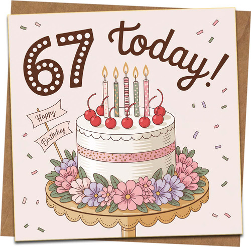 67th Birthday Card for Women Men, 145mm x 145mm Square, Cake Candles & Confetti Design, “67 Today” Greeting Card with Kraft Envelope