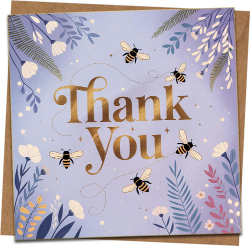 Thank You Card with Bees & Floral Design – Purple Square Greeting Card 145mm x 145mm – Includes Kraft Envelope – Blank Inside for Appreciation, Teacher, Friend, Wedding Thanks