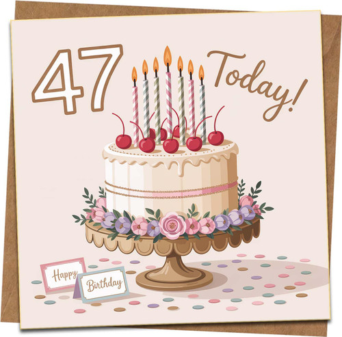 47th Birthday Card – 47 Today Cake with Candles and Cherries, Floral Design, Square 145mm x 145mm, With Kraft Envelope, For Him Her Mum Dad Friend