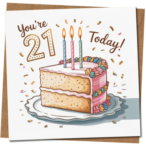 21st Birthday Card - You're 21 Today Cake Design, Square 145mm x 145mm, Fun Illustrated Slice, Includes Kraft Envelope