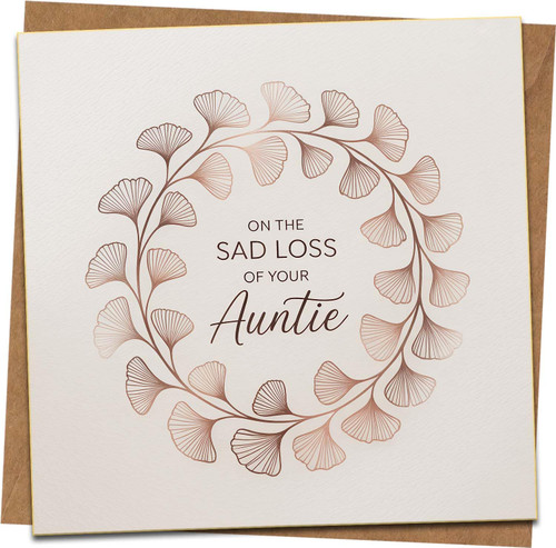 Auntie Sympathy Card – On the Sad Loss of Your Auntie, Elegant Floral Wreath Design, 145mm x 145mm Square Condolence Card with Kraft Envelope