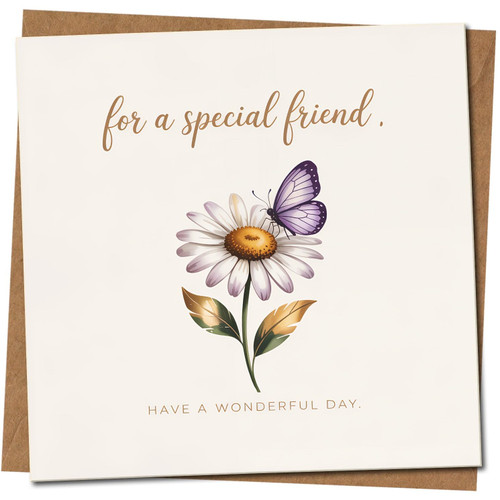 Special Friend Greeting Card - Daisy and Butterfly Design - 145mm x 145mm Square -, Includes Kraft Envelope