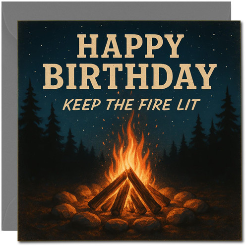 Happy Birthday Keep the Fire Lit Campfire Birthday Card, 145mm x 145mm, Night Forest Camping Theme, Square Greeting Card, Includes Dark Grey Envelope